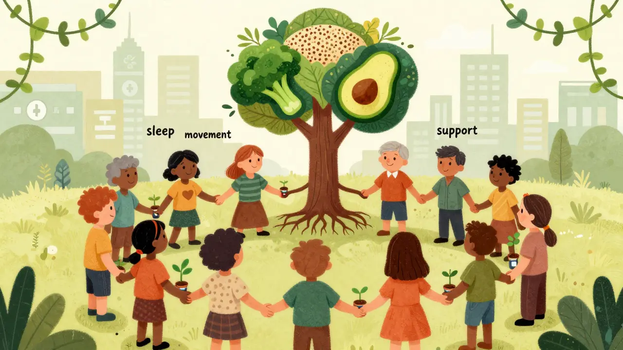 Diverse group holding plants growing from blood sugar meters, symbolizing reversal through lifestyle.