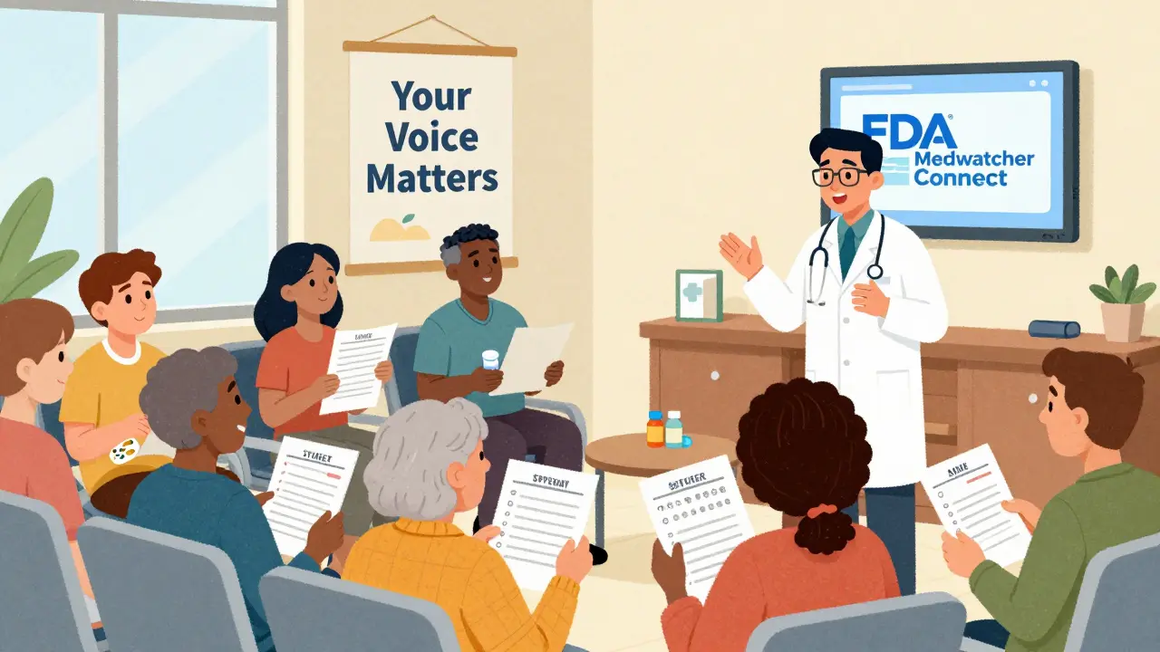 Diverse group in clinic sharing medication logs, one speaking to doctor, poster says 'Your Voice Matters'.