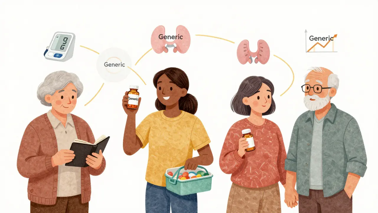 Diverse people holding generic pill bottles, with health icons floating above them, symbolizing affordable care.