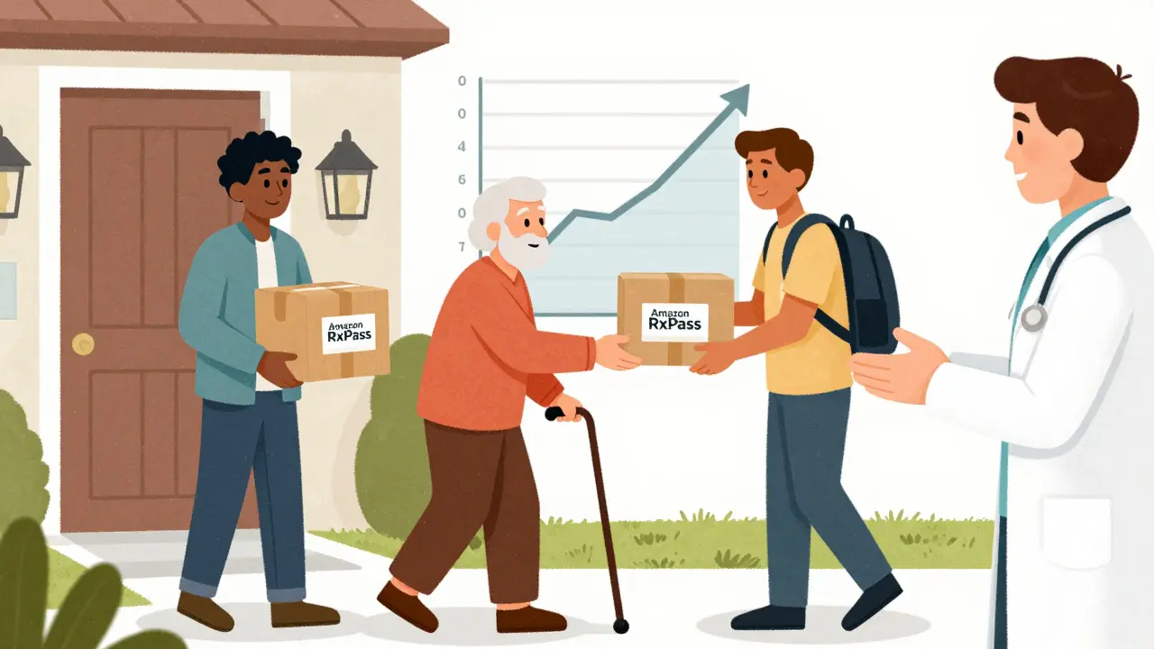 Diverse people receiving generic medicine packages at home, rising graph shows improved medication adherence.