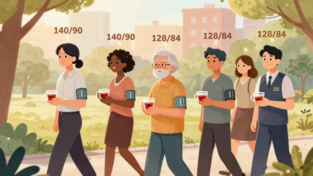 Diverse people walking in a park at sunrise, each drinking hibiscus tea as their blood pressure readings gently decrease above them.