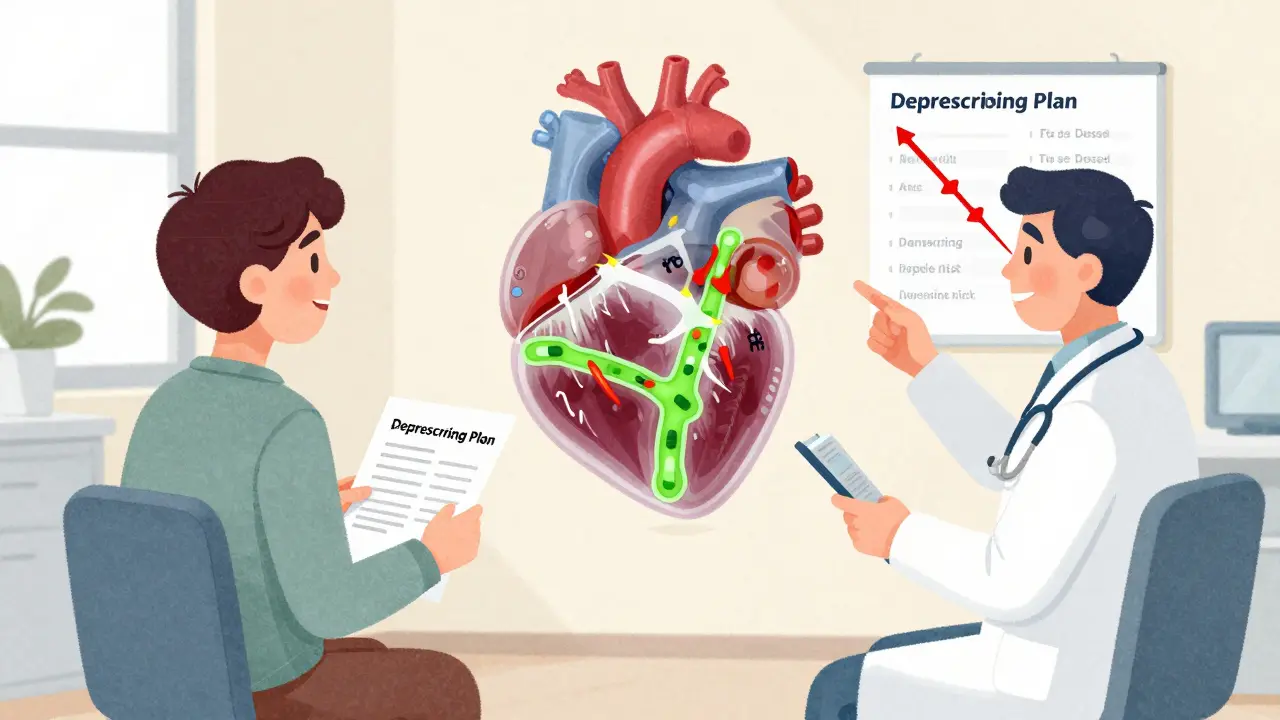 Doctor and patient discussing a deprescribing plan with a transparent heart showing drug interactions.