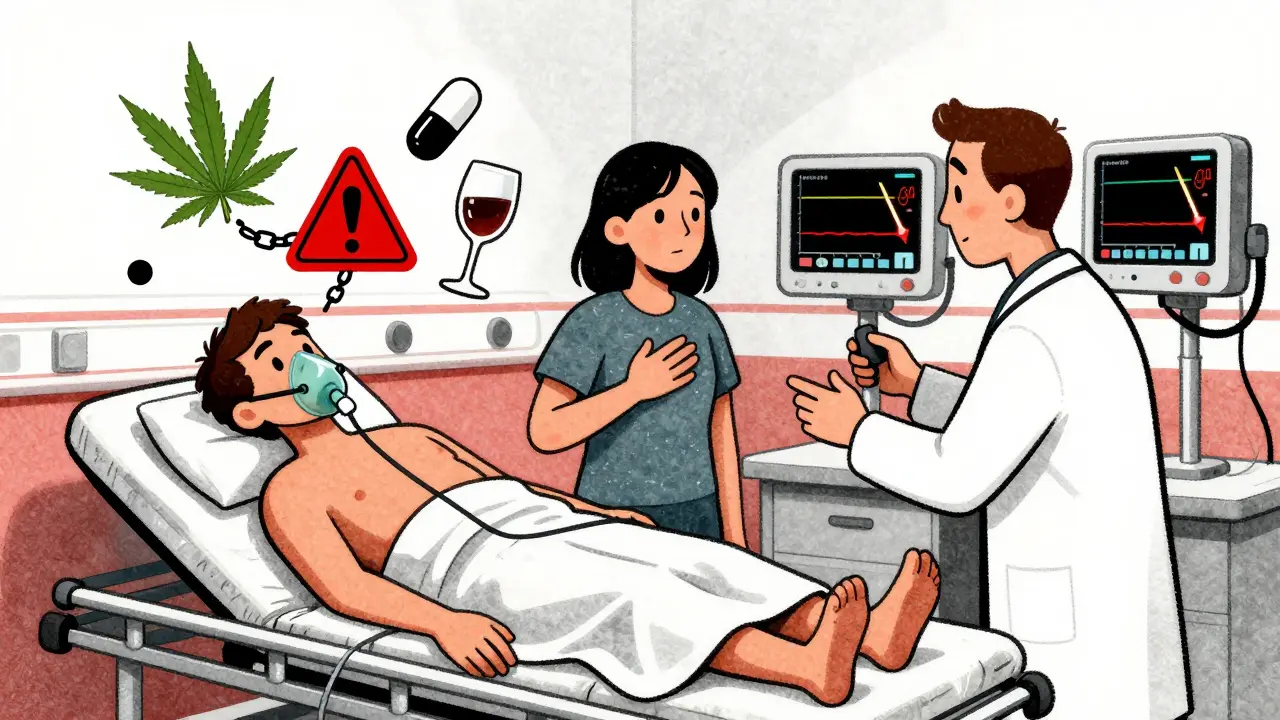 Emergency room scene with two patients showing signs of respiratory depression from drug combination.