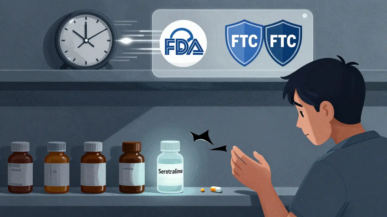 Empty space on a drug shelf as a patient reaches for a rare generic, with FDA and FTC protections above.