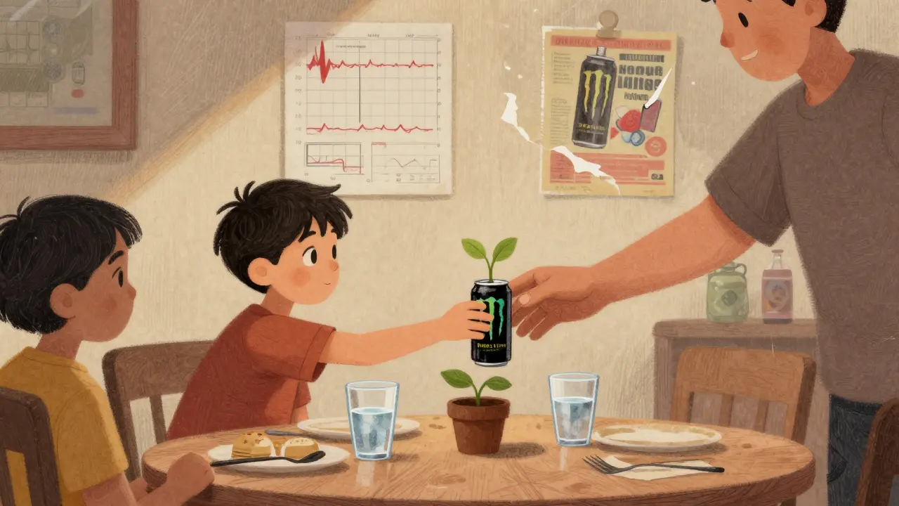 Family stopping a teen from drinking an energy drink, choosing water and health instead.