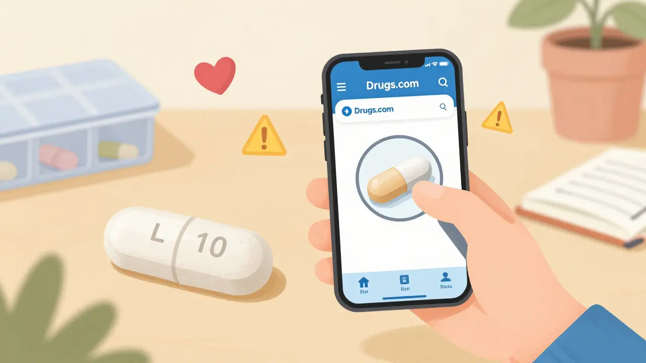 Hand using smartphone app to identify a pill by its imprint, color, and shape with a match result displayed.