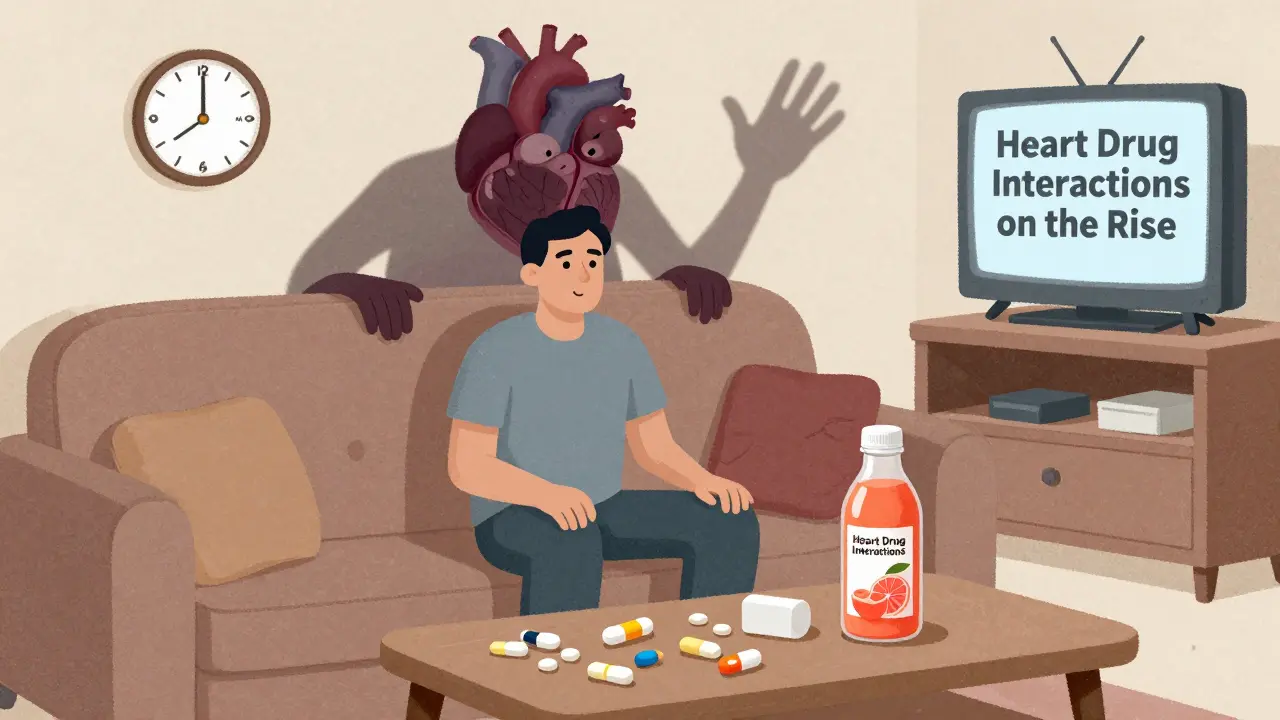 Man surrounded by heart medications and grapefruit juice, with a shadowy ruptured heart in the background.