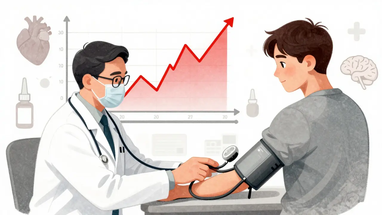 Medical staff checking blood pressure as a graph shows a spike, with health icons nearby.