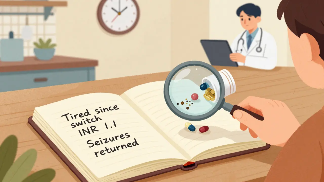 Patient's journal notes symptoms after switching generics, with magnified pill details visible.