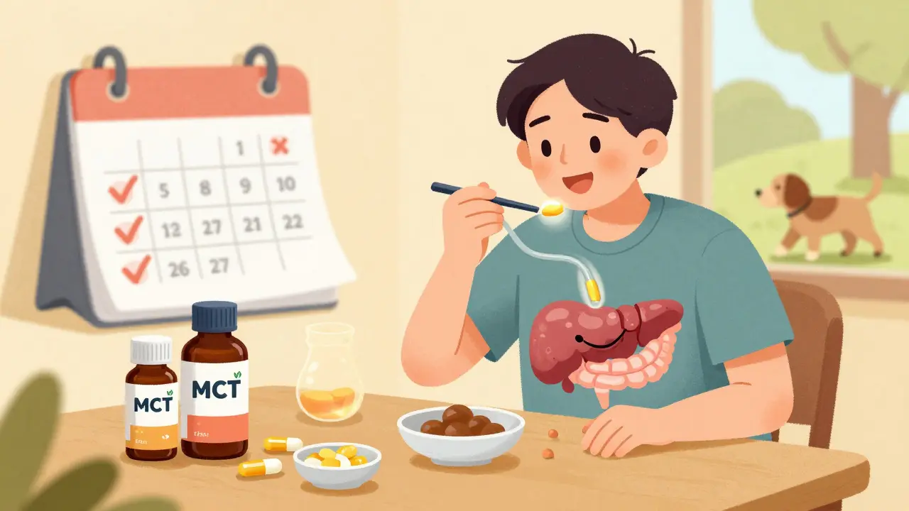 Patient eating small meals with enzyme capsules and MCT oil, symbolizing recovery through nutrition and care.