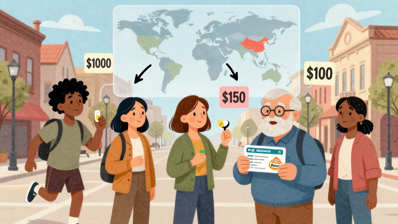 People in a U.S. town struggling with drug costs, surrounded by price tags showing U.S., Medicare-negotiated, and international prices.