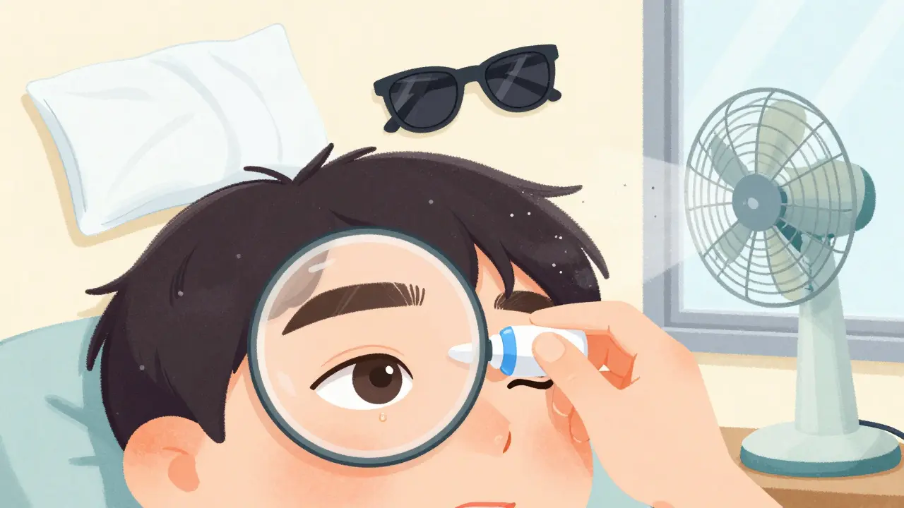 Person correctly applying eye drop into eyelid pocket, with healthy habits like sunglasses and closed window floating nearby.
