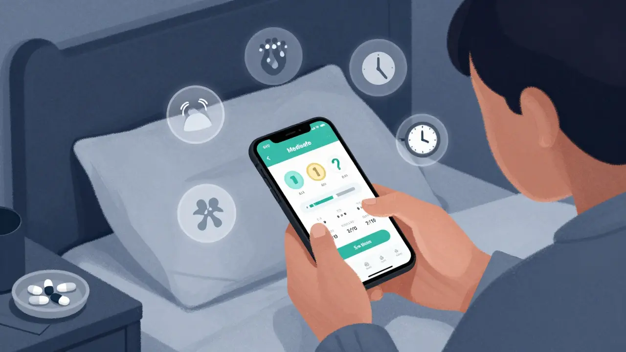 Person logging side effects on phone at night with fatigue and dizziness icons nearby.