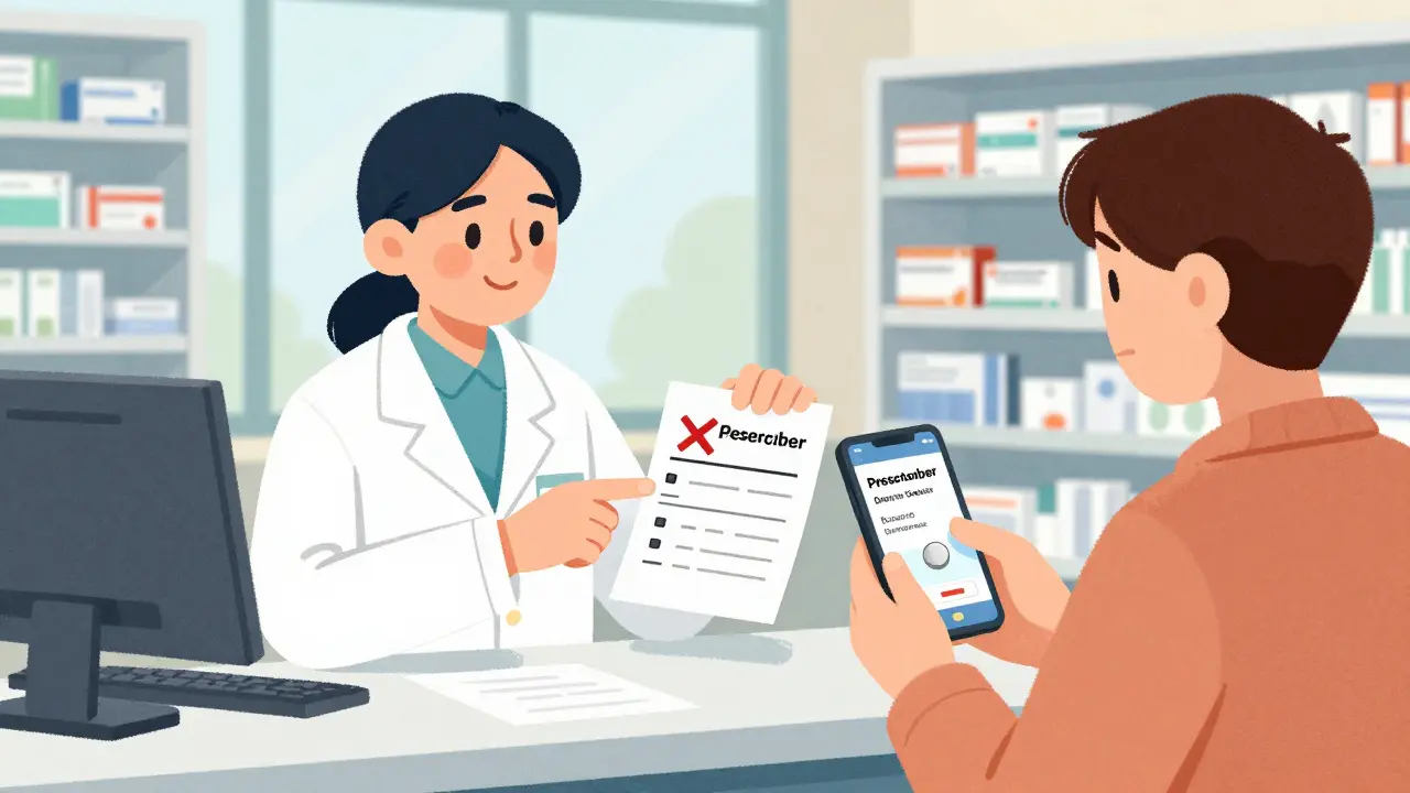 Pharmacist correcting a mismatched prescriber name on a label while patient shows correct info on phone.