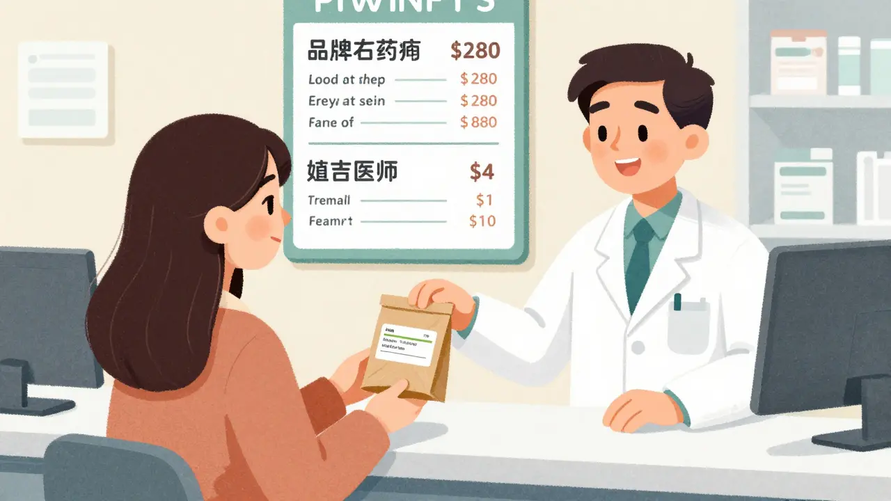 Pharmacist handing a patient a generic medication in a brown bag, with a price comparison chart visible.