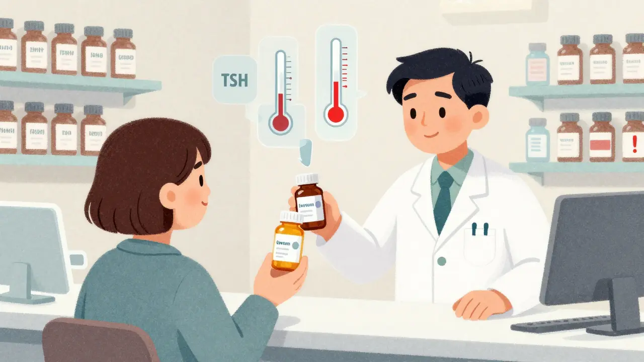 Pharmacist handing a pill bottle with two different generic labels, blood level icons floating above.