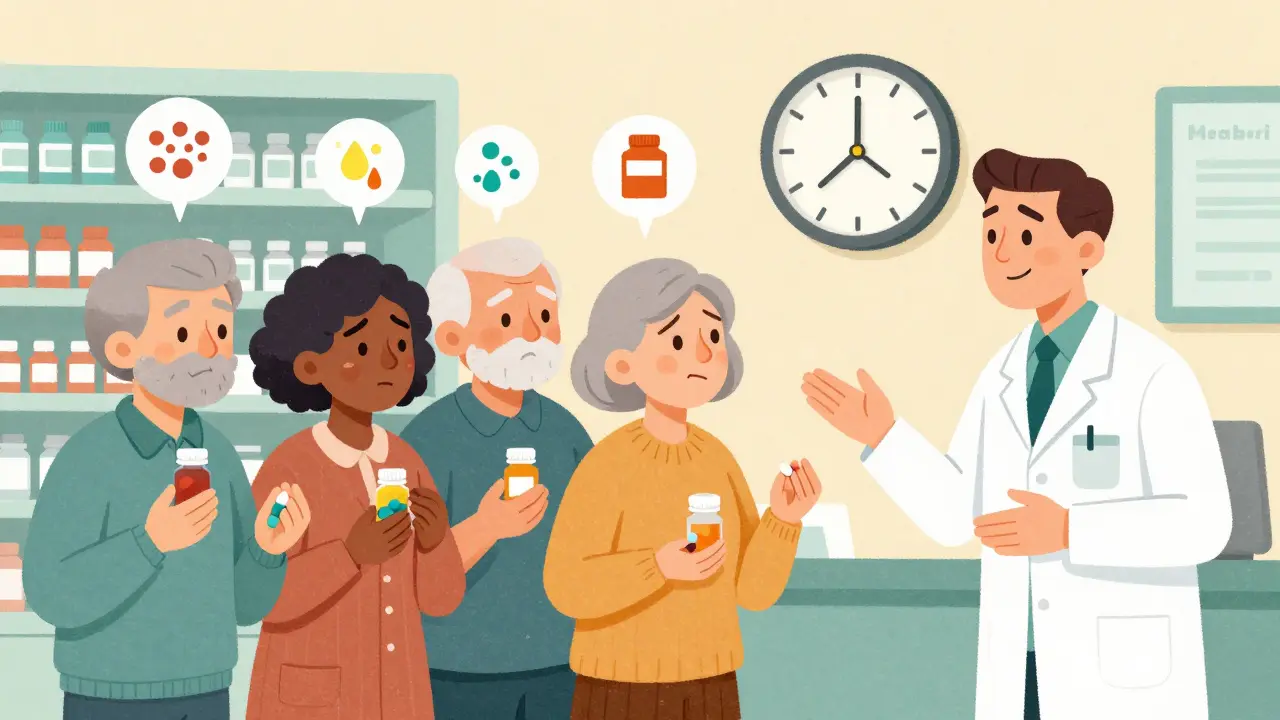 Seniors in a pharmacy confused by changing pill colors, helped by a pharmacist with counseling icons floating nearby.