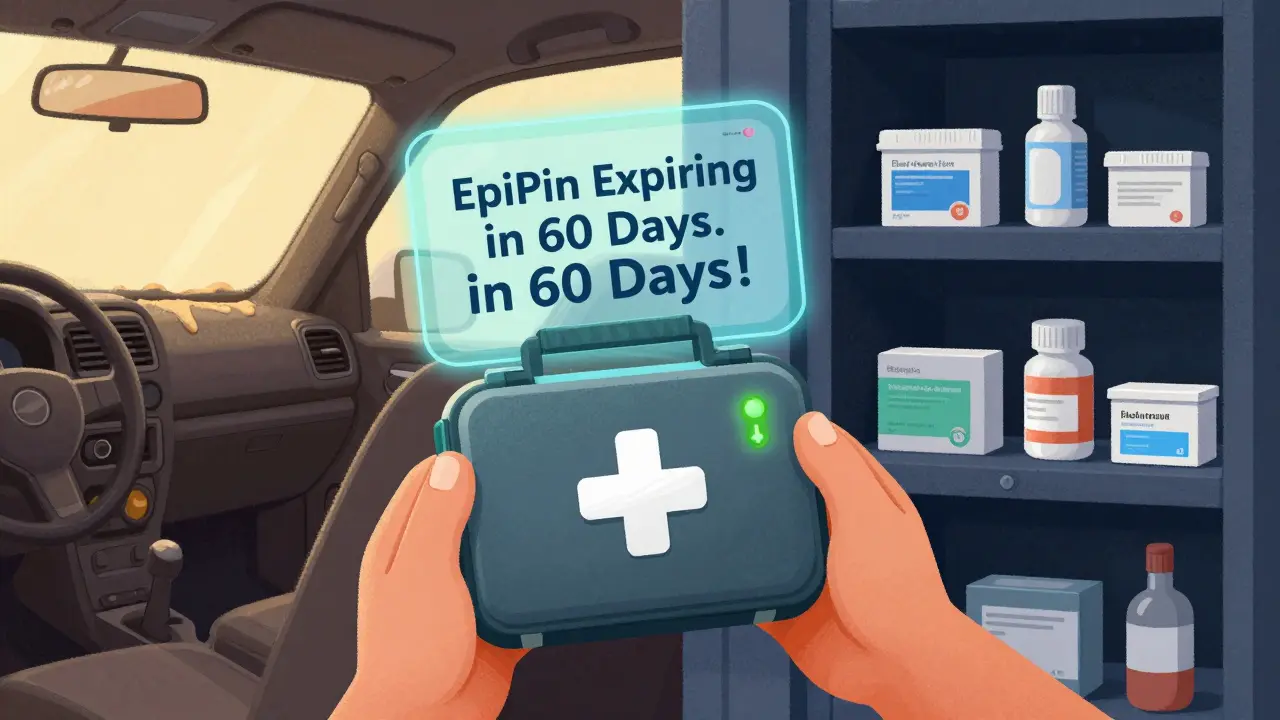 Smart first-aid kit with holographic expiry alert, contrasted against a hot car and cool storage shelf.