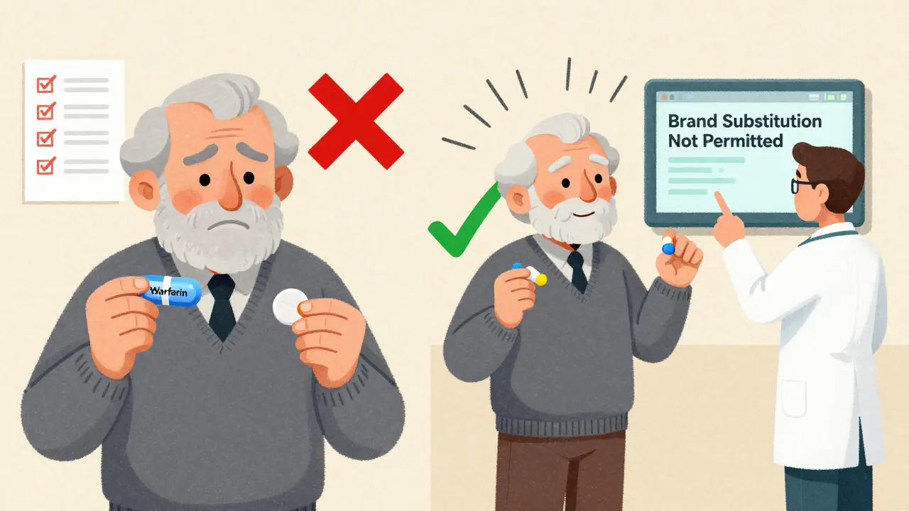 Split illustration showing confusion over pill changes versus confident verification with pharmacist guidance.