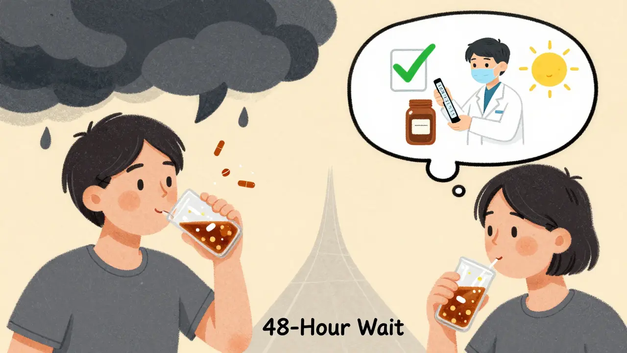 Split scene: one side shows risky kombucha use, the other shows safe testing with a lab device.