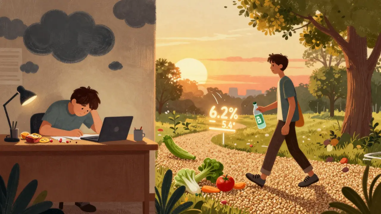 Split scene showing unhealthy lifestyle vs. healthy habits improving blood sugar levels.