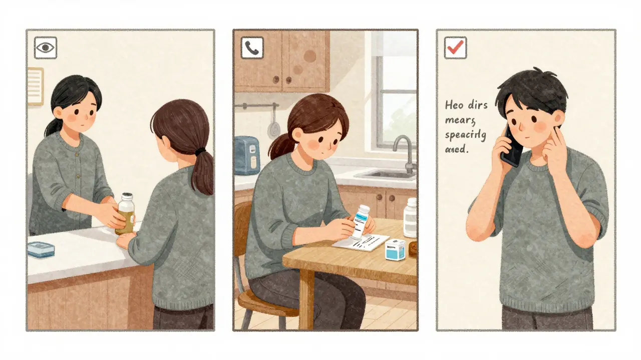 Three-panel scene showing patient verifying medication at counter, before first dose, and during refill.
