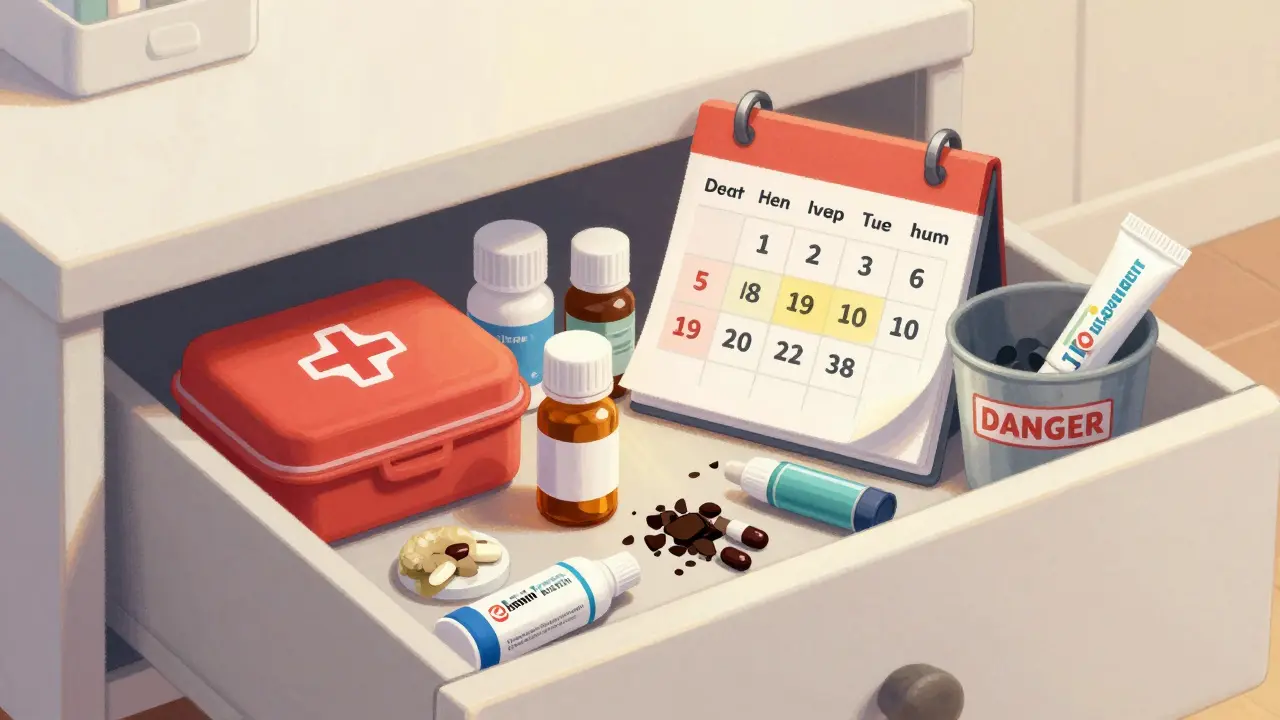 Well-organized first-aid kit in a bedroom drawer with expiration dates marked on a calendar.