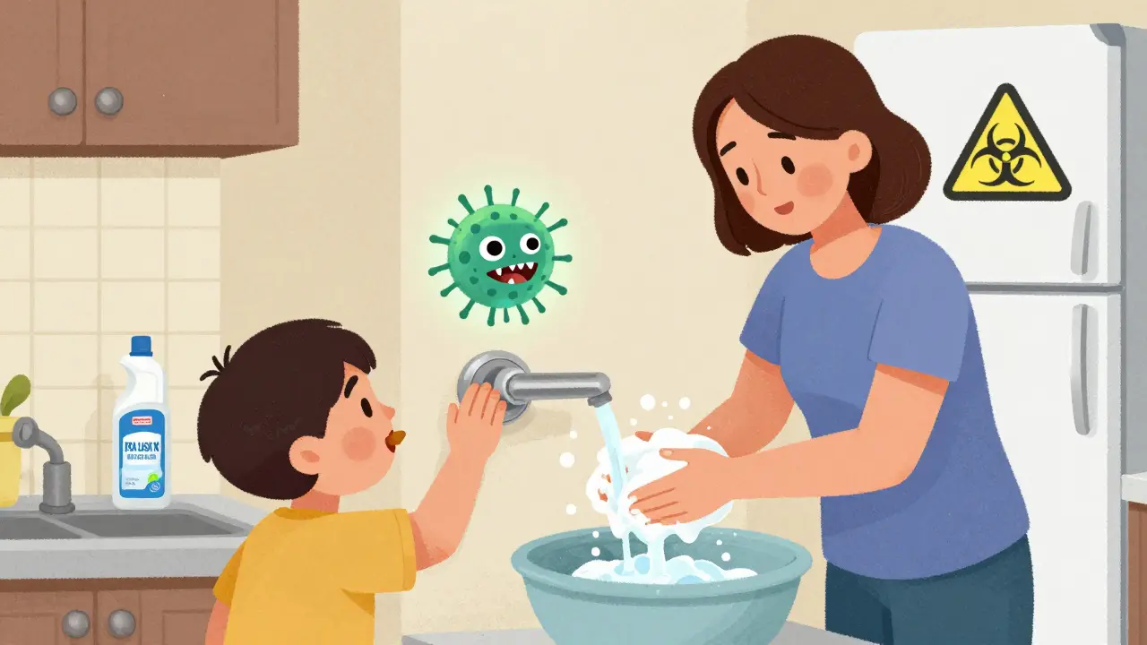 Woman washing hands with soap as C. diff spores cling to a doorknob in a kitchen