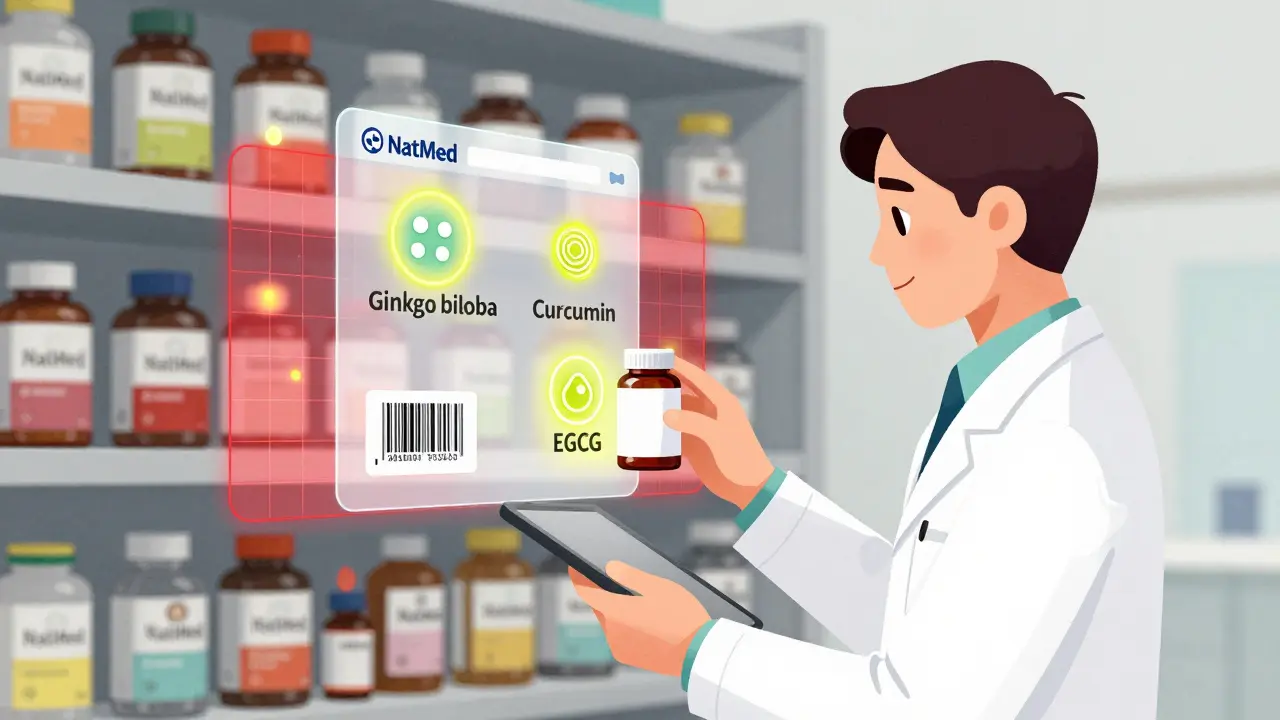 A clinician scanning a supplement bottle with a digital NatMed interface showing active ingredients and drug interactions in a clinical setting.