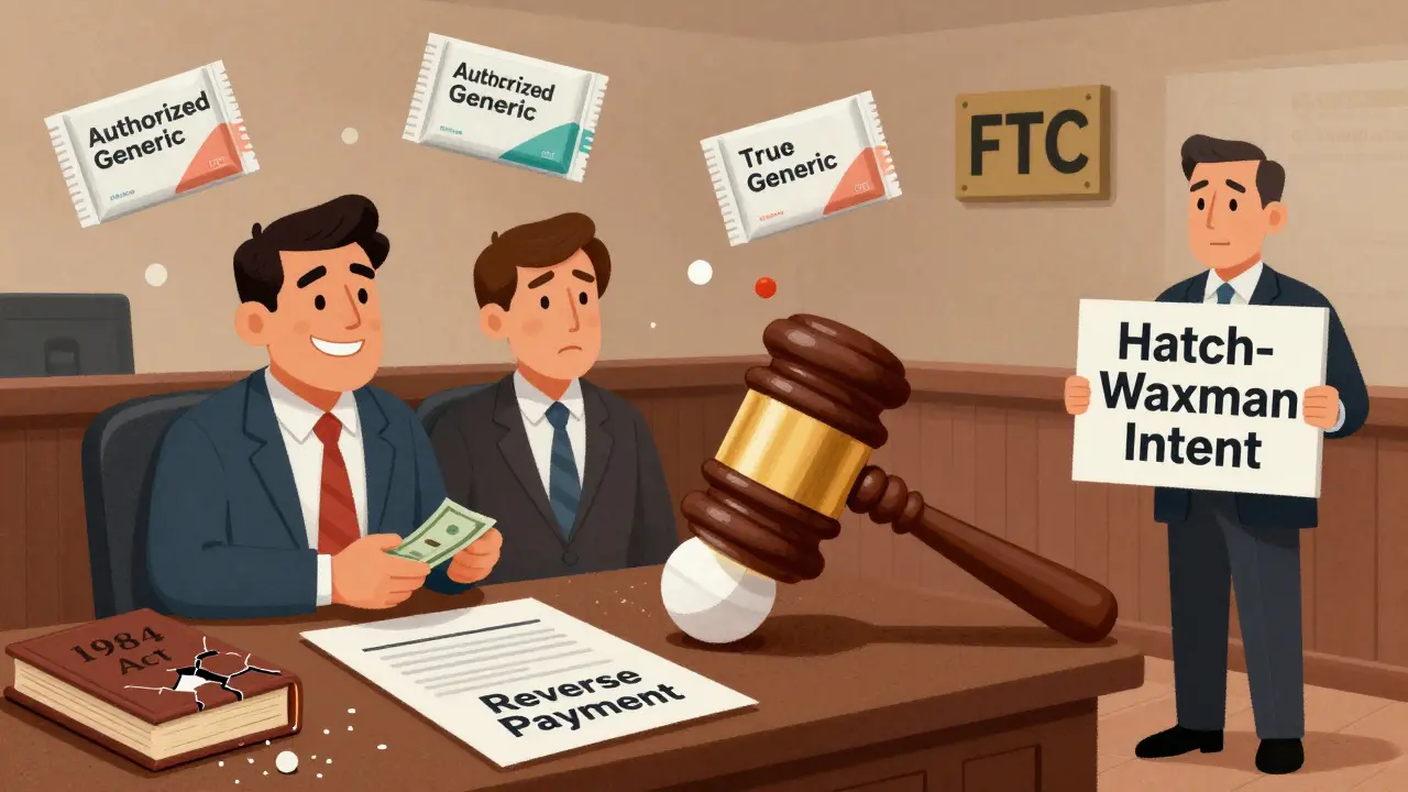 A courtroom scene with a pill-shaped gavel striking a reverse payment contract, FTC agent opposing a branded executive and generic CEO.