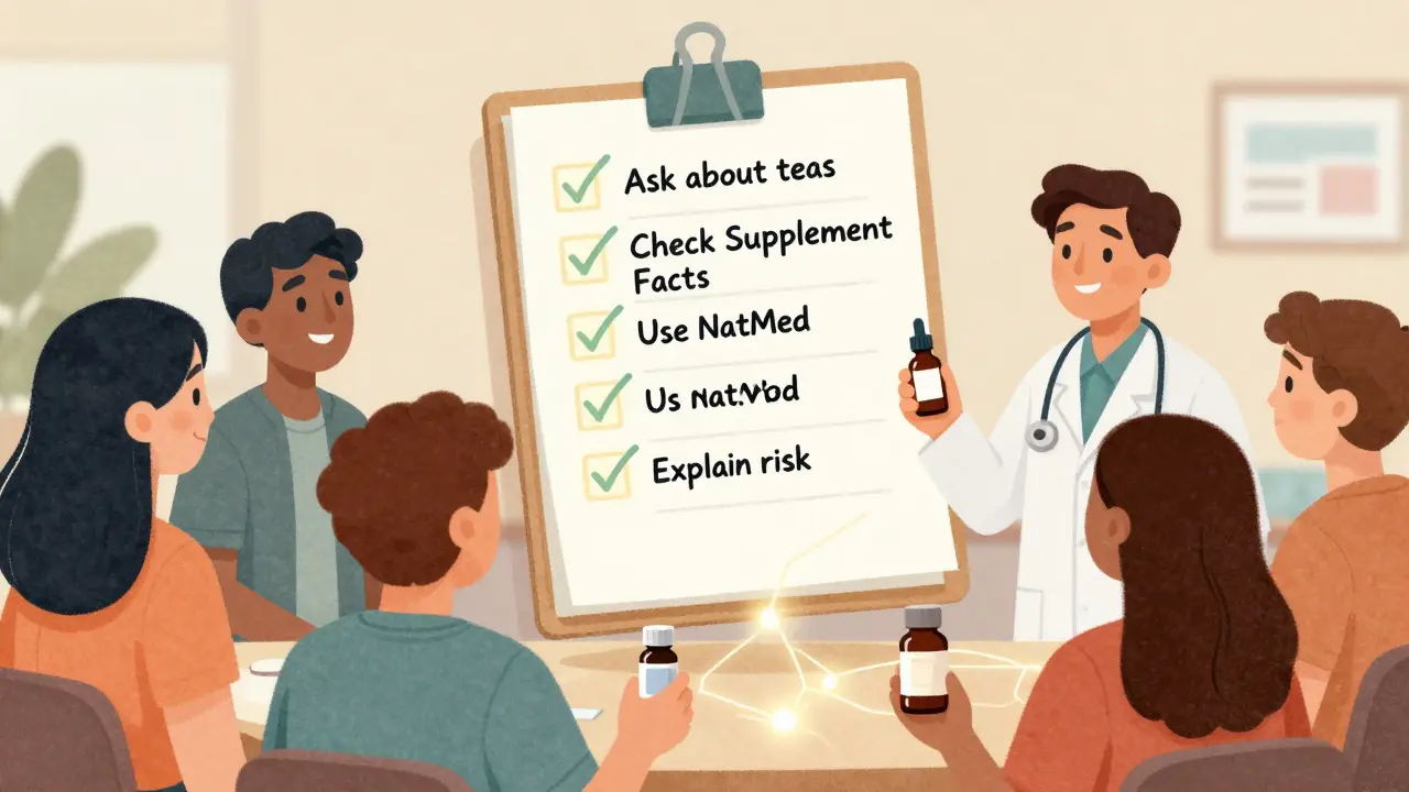 A floating checklist being checked off in a medical office, with patients handing over supplements to a provider, emphasizing safe interaction checks.
