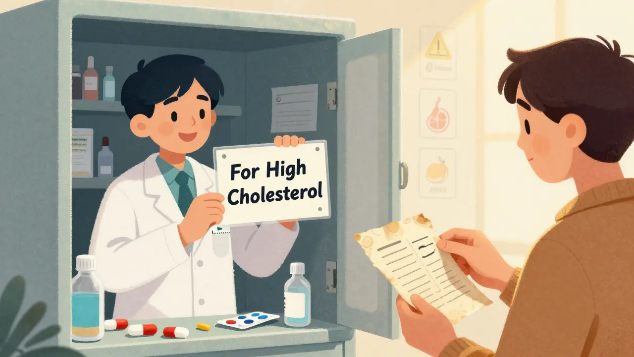 A medicine cabinet with improperly stored drugs beside a pharmacist highlighting the reason for medication use on a label.