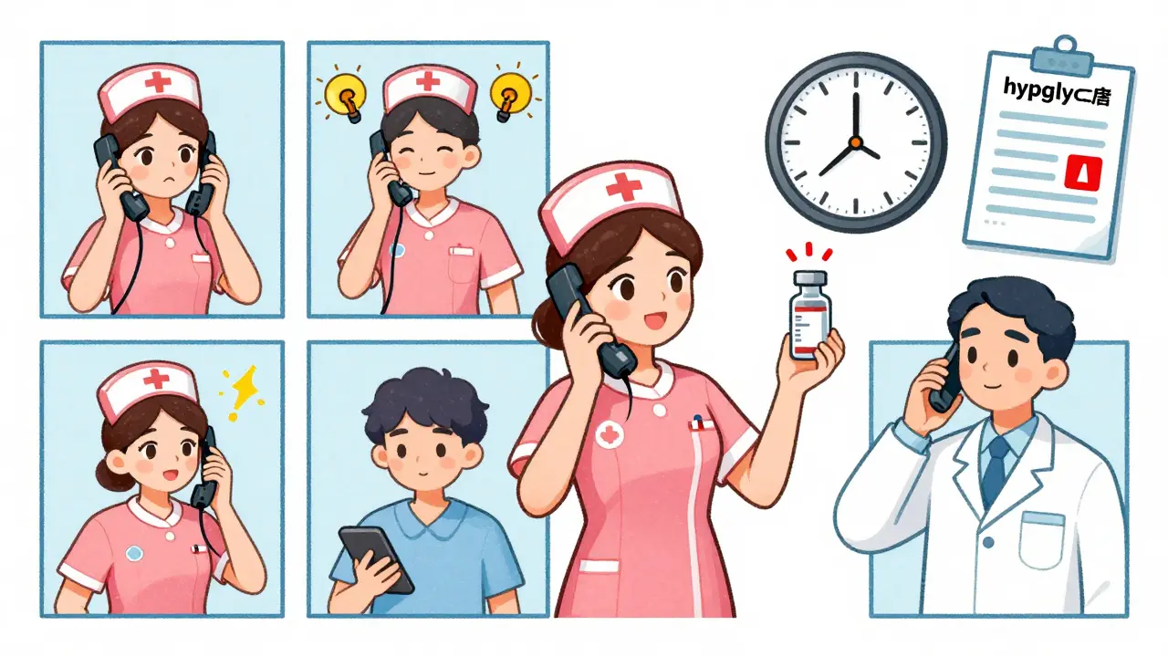 A nurse interrupted during medication administration in a hospital, with a flashing warning sign above an insulin vial and a clock showing the wrong time.