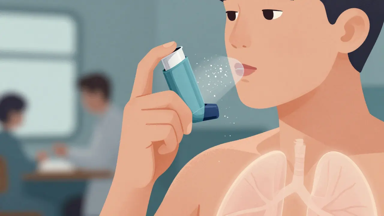 An adult using an inhaler with a spacer to deliver medicine to the lungs.