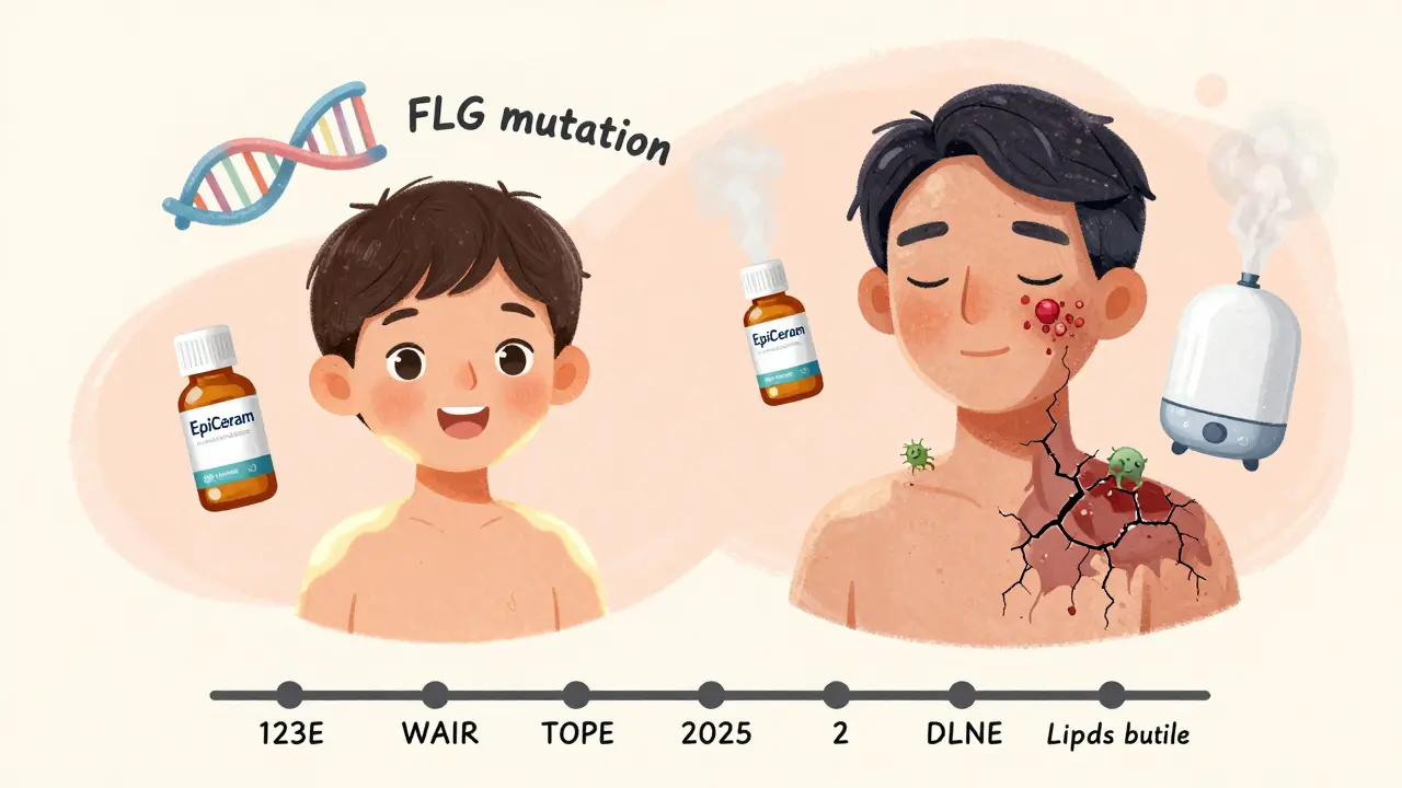 Child and adult with contrasting skin barriers, DNA mutation, and repair products nearby.