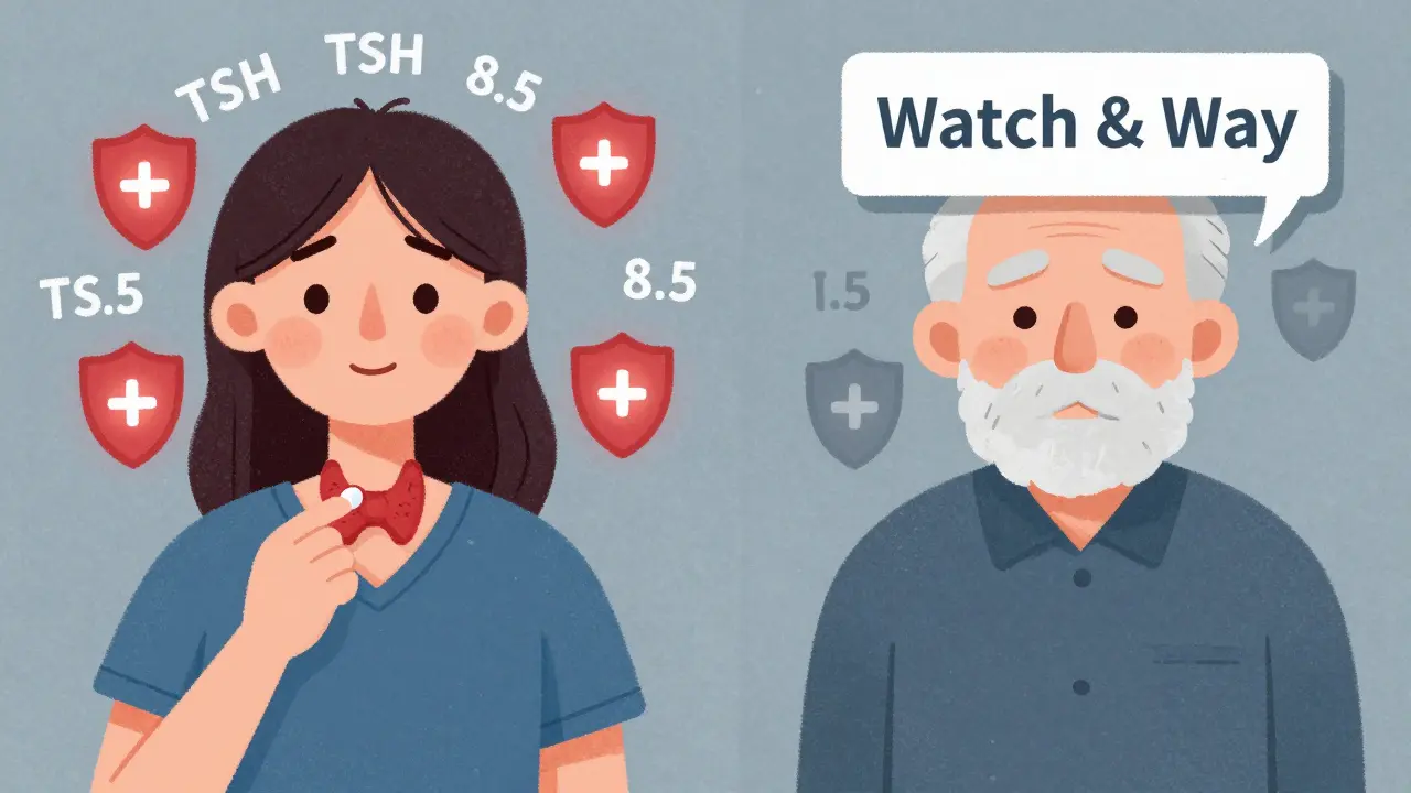 Contrasting young patient with positive antibodies and pill versus elderly patient with watchful waiting sign.
