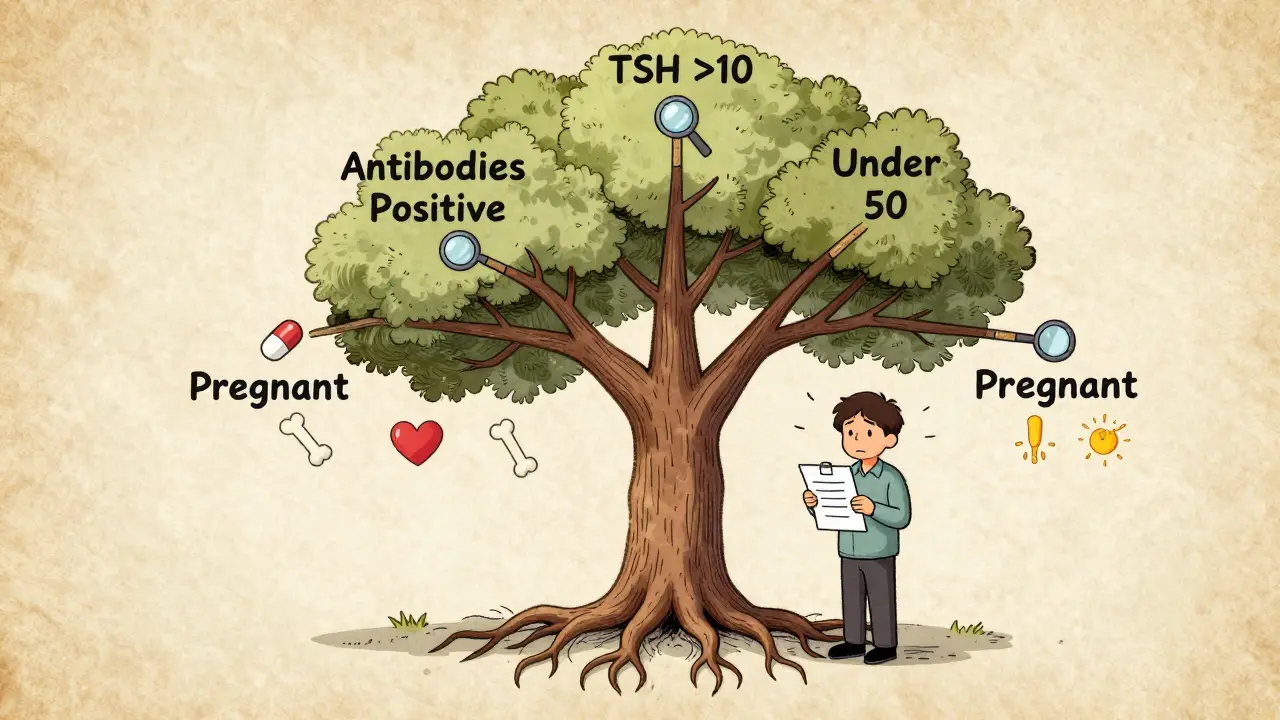 Decision tree illustration showing thyroid treatment paths based on TSH, antibodies, age, and pregnancy.