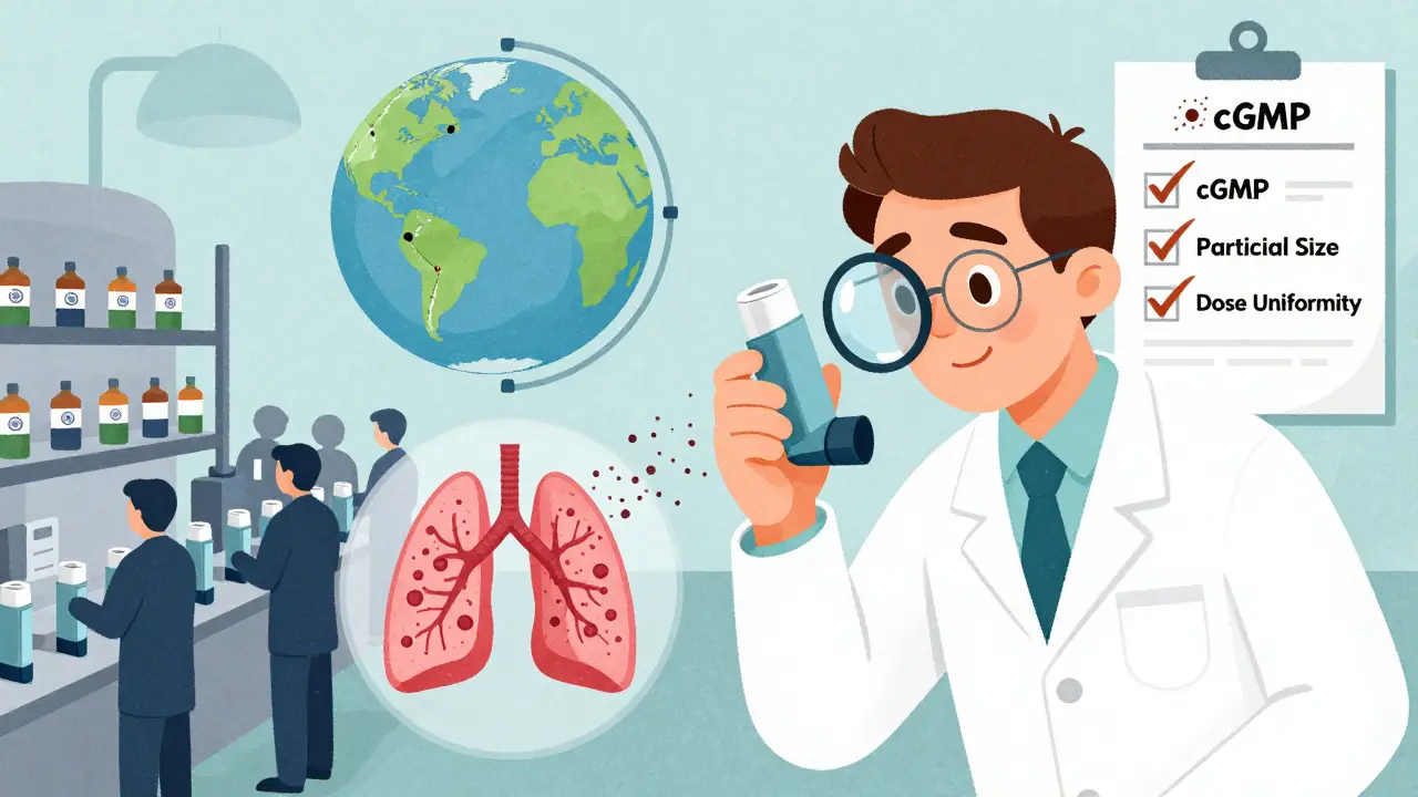 FDA inspector examining an inhaler's particle spray pattern with global manufacturing silhouettes in background.