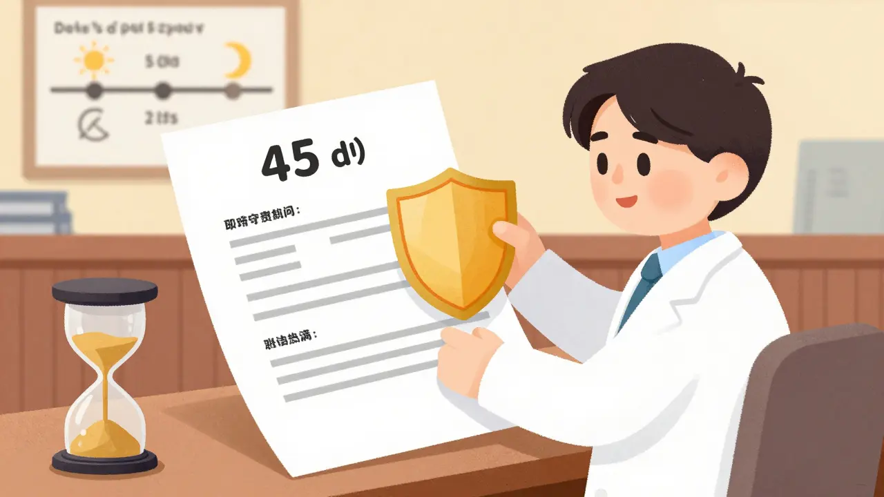 Generic scientist filing legal document with sand timer and timeline sun/moon icons in courtroom