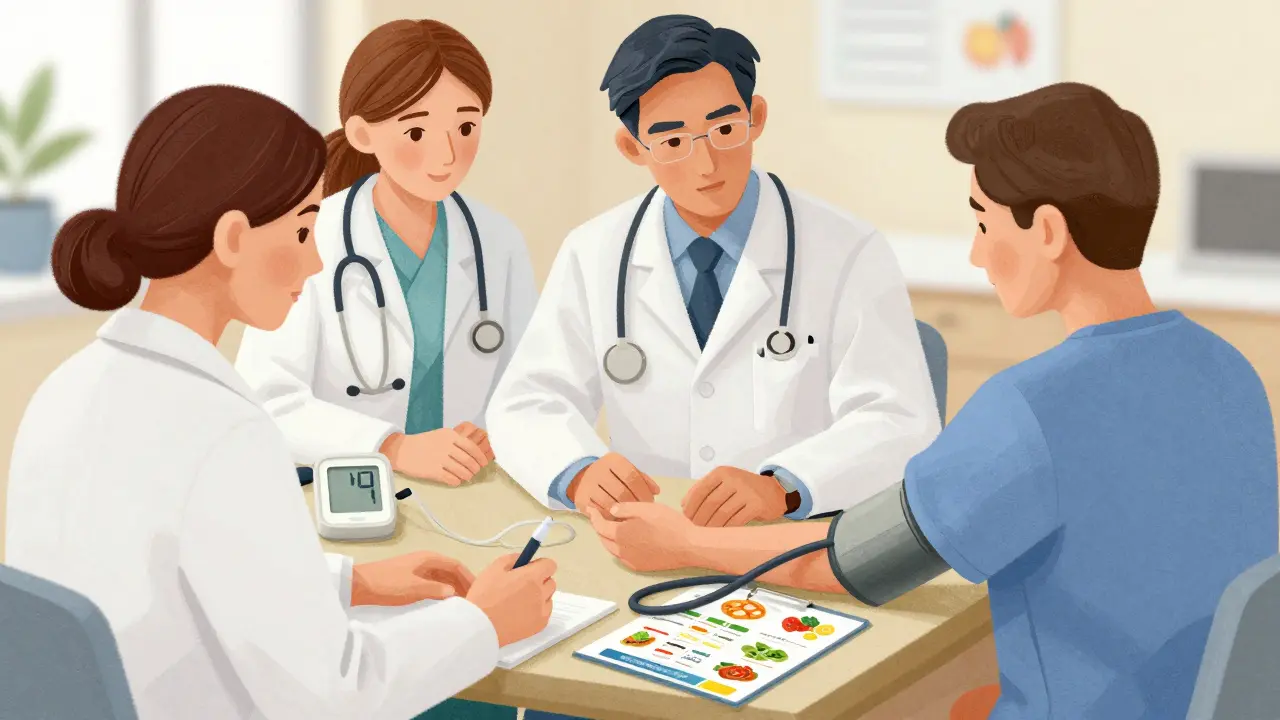 Healthcare team monitoring blood pressure, glucose, and diet with patient