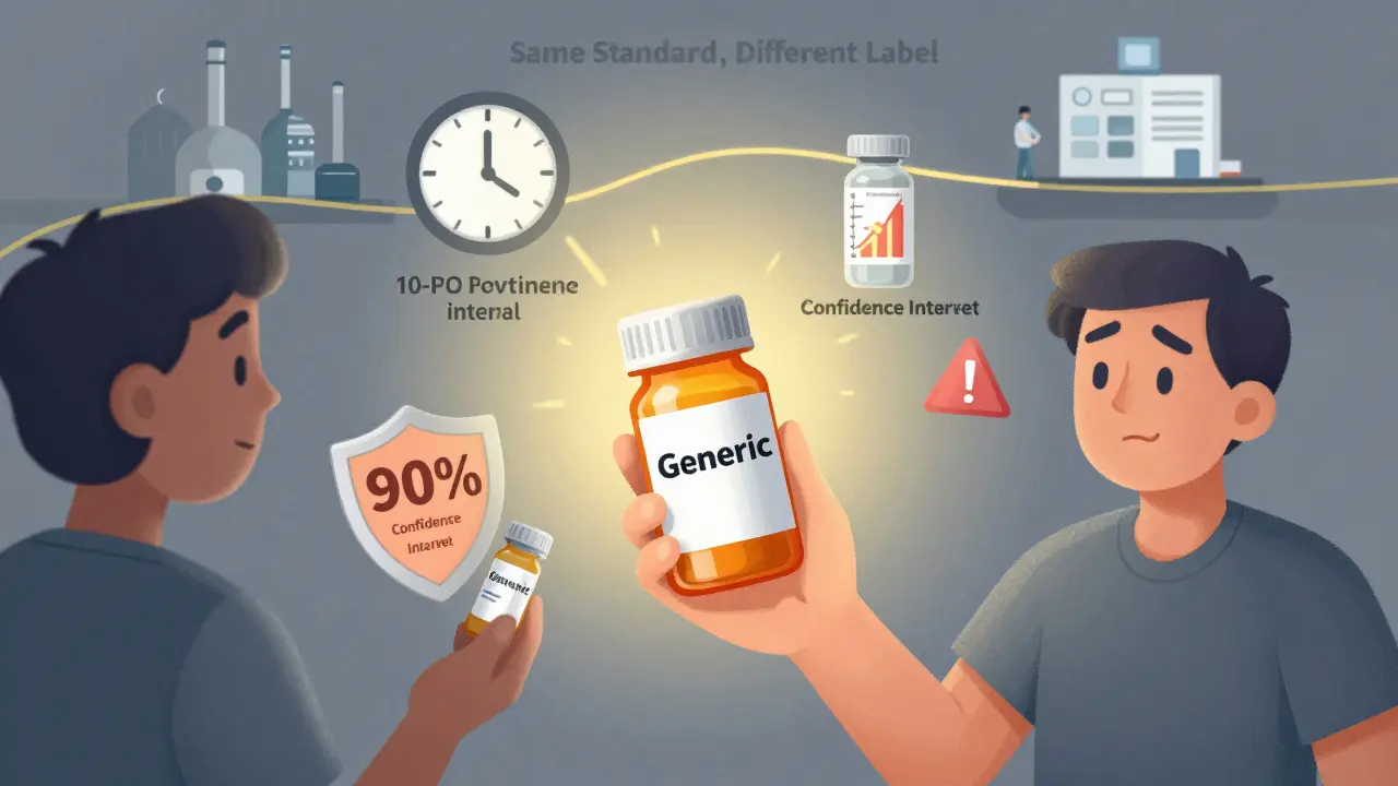 Patient holding generic medication with FDA approval icons and stability test graphs floating around.