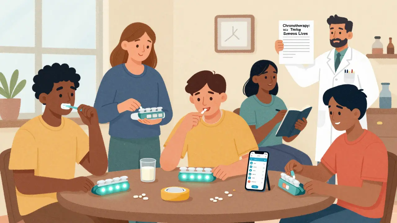 People at home using smart pill organizers and apps to take medications at optimal times, with a pharmacist holding a chronotherapy chart.
