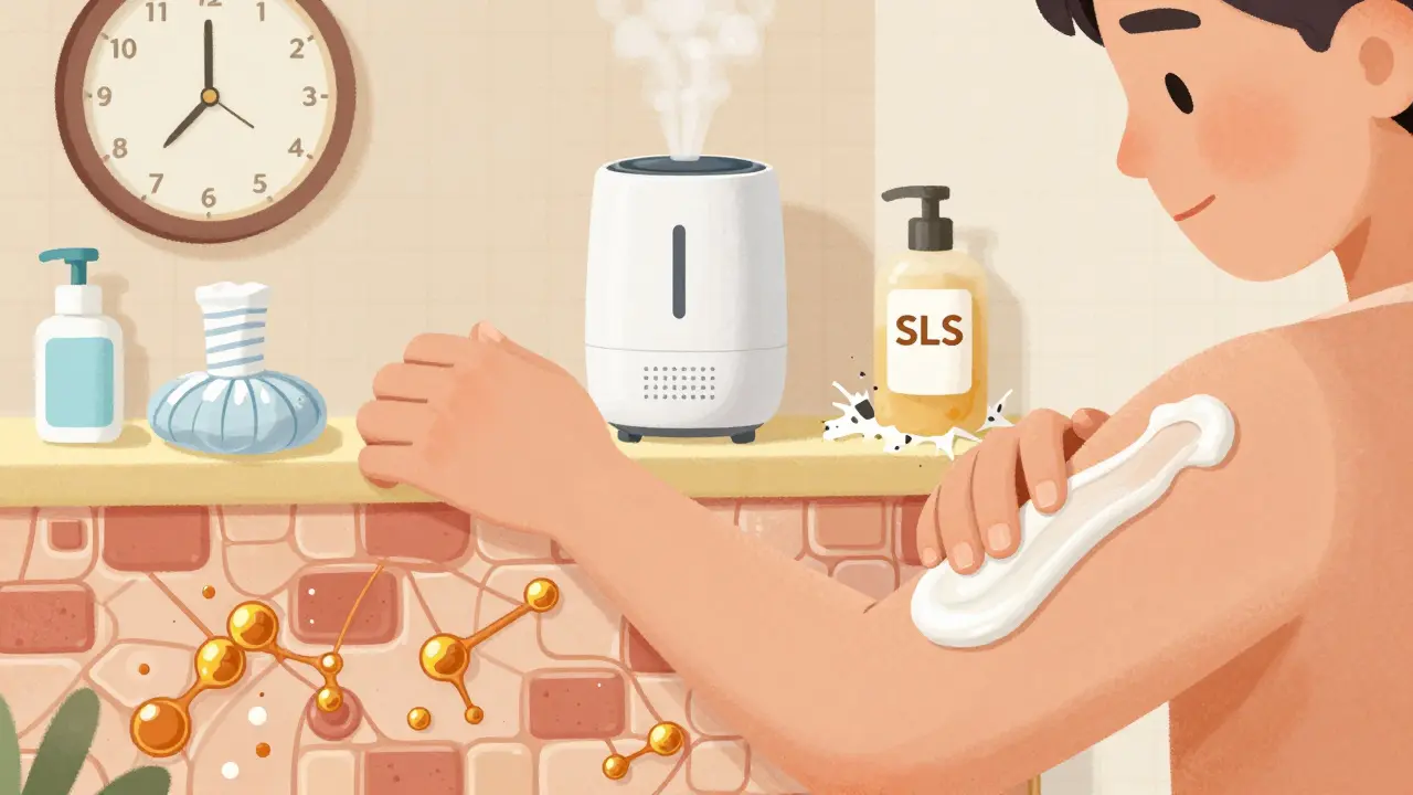 Person applying barrier cream after shower, with healing lipids repairing skin and triggers fading away.