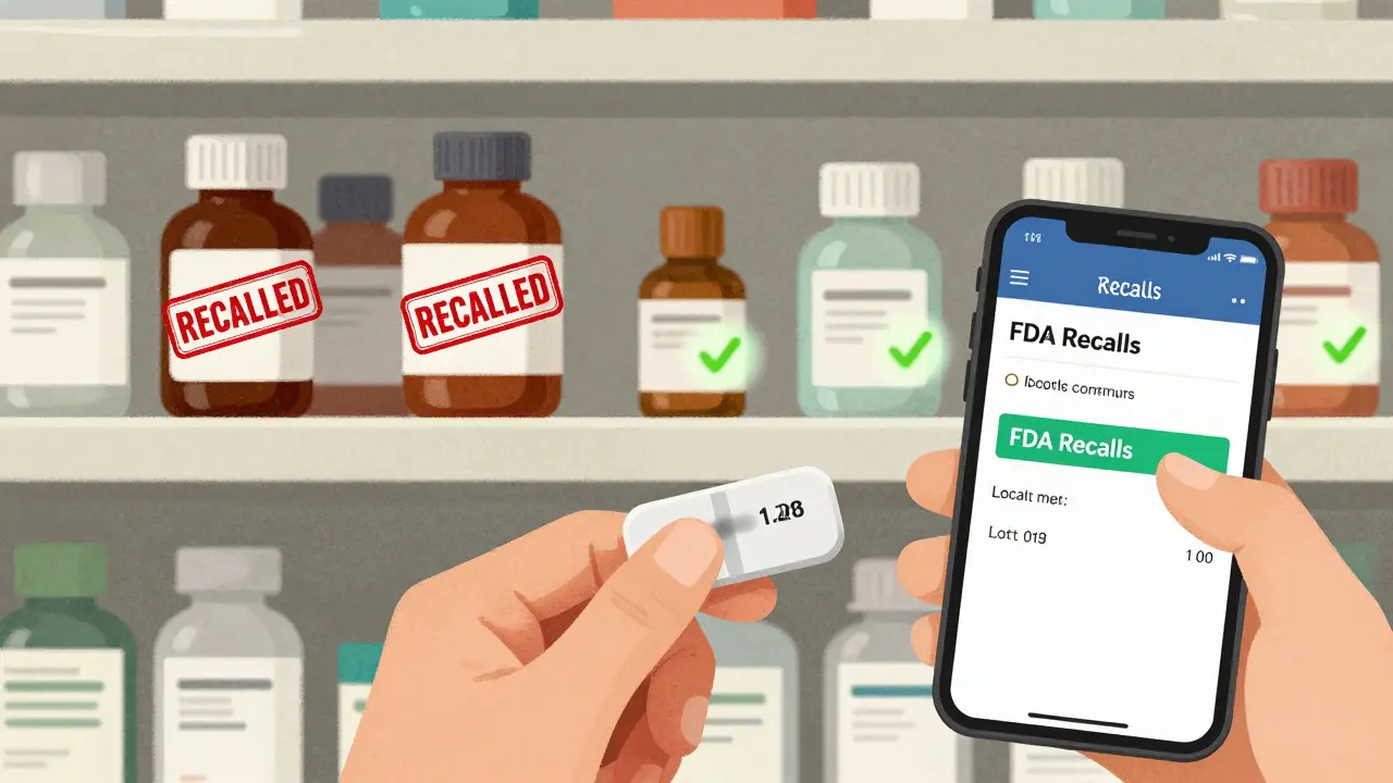 Pharmacy shelf with some recalled medications marked in red and others approved in green.
