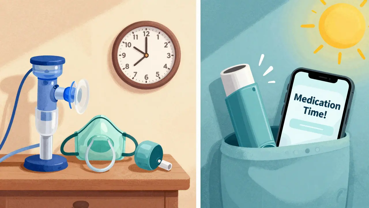 Side-by-side comparison: nebulizer setup vs. portable inhaler with spacer.