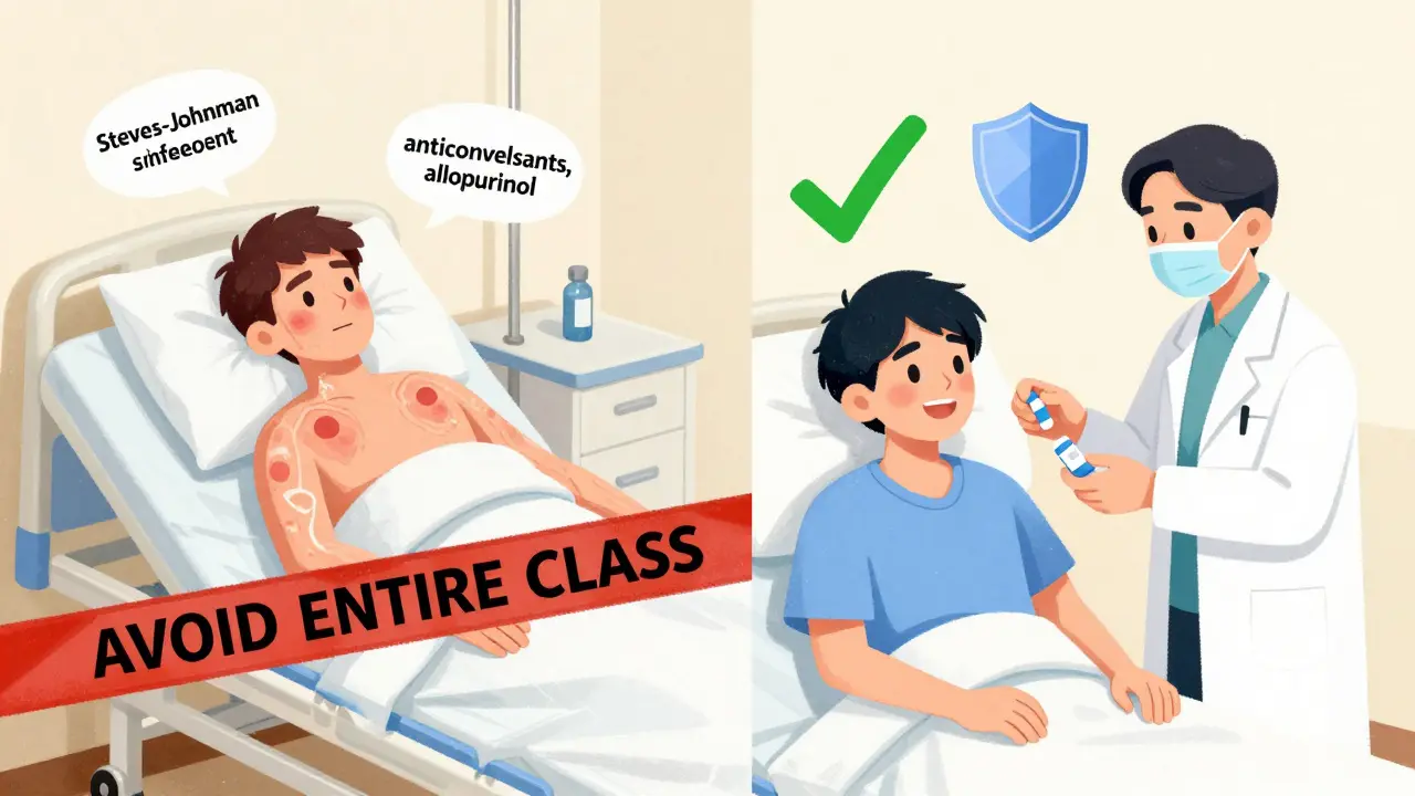 Split scene: one side shows severe skin reaction with avoided drugs, the other shows safe treatment with green checkmarks.