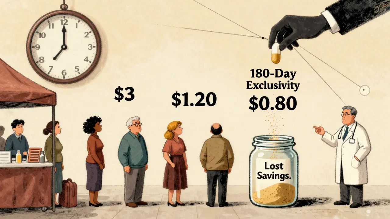 Three price tiers of pills in a marketplace, with a corporate hand manipulating prices while patients look confused.