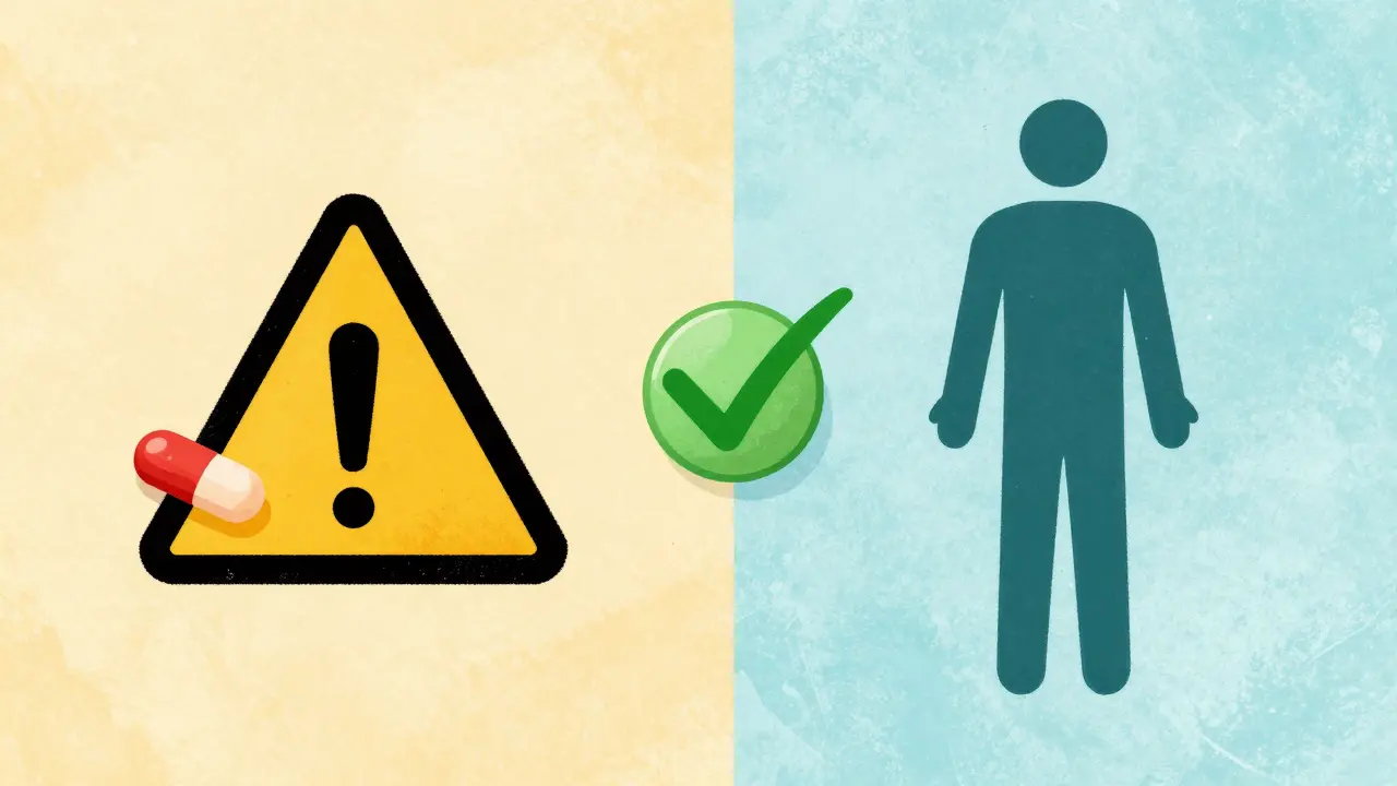Two pills side by side, red warning symbol with weight gain silhouette, green checkmark with healthy figure