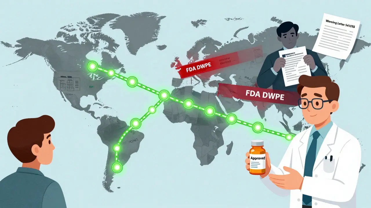 A global supply chain with verified blockchain pathways and blocked shipments marked by FDA detention notices.