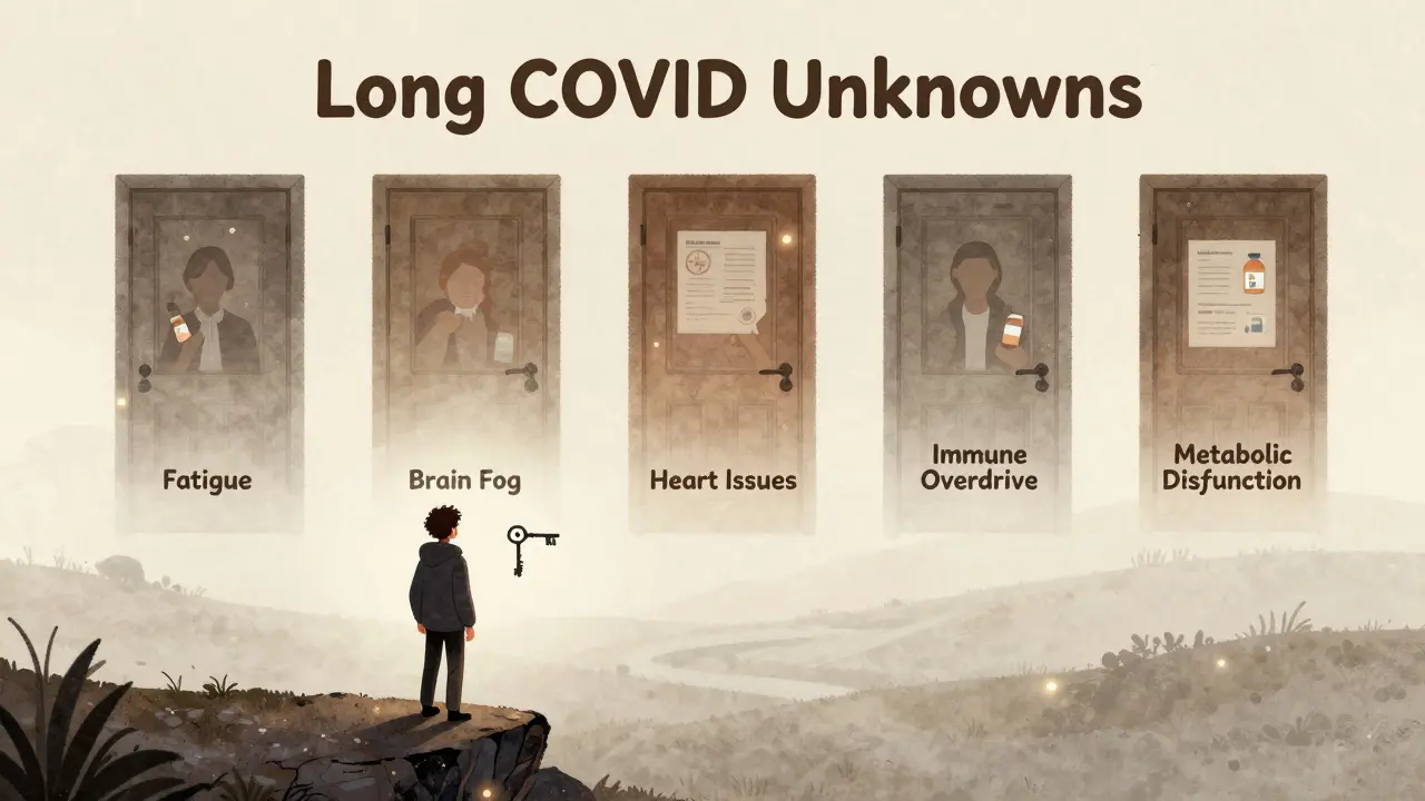 A lone figure facing five locked doors representing Long COVID subtypes, holding a key that doesn't fit any, in a foggy landscape.